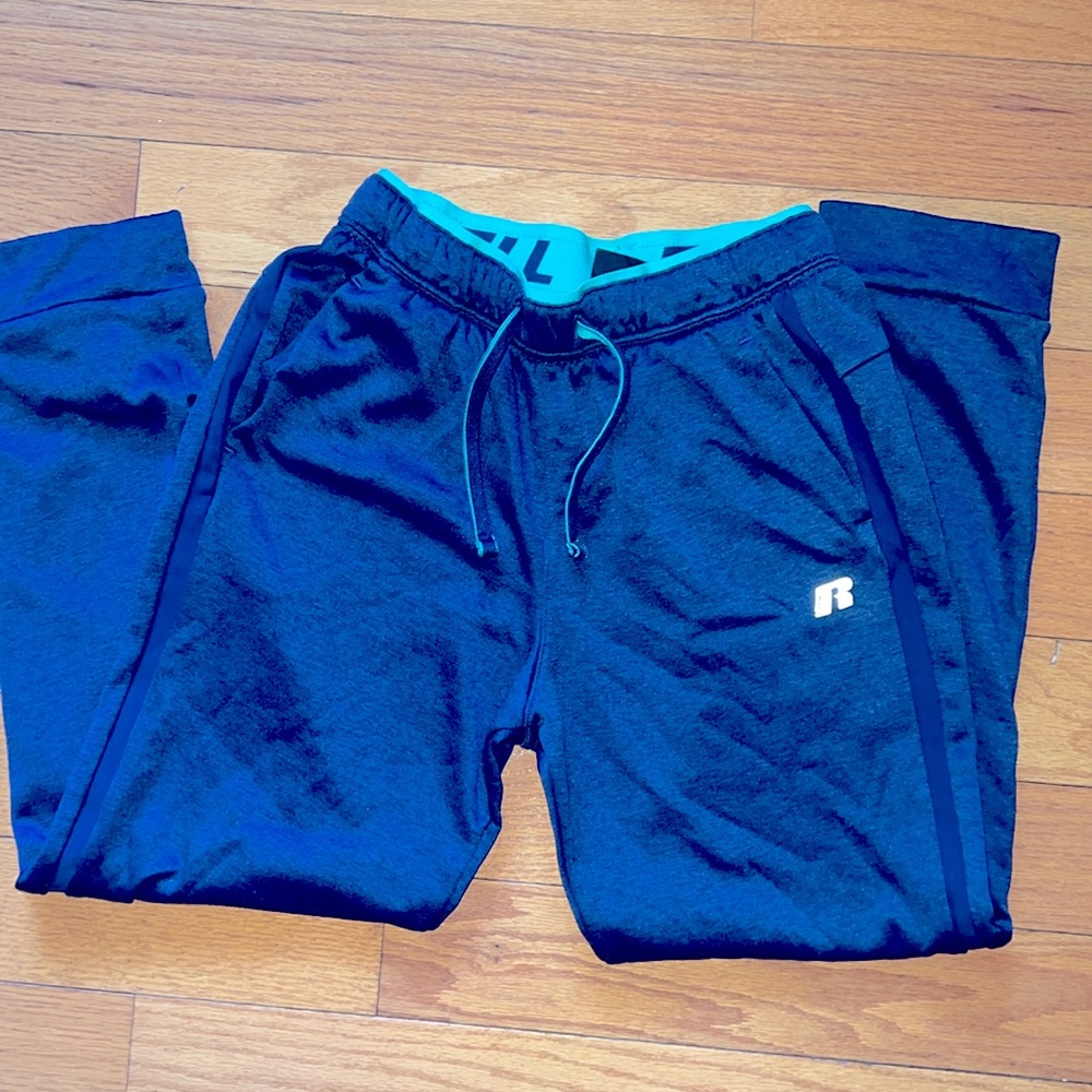 Navy with green waistband Russell sweatpants, cuffed bottoms